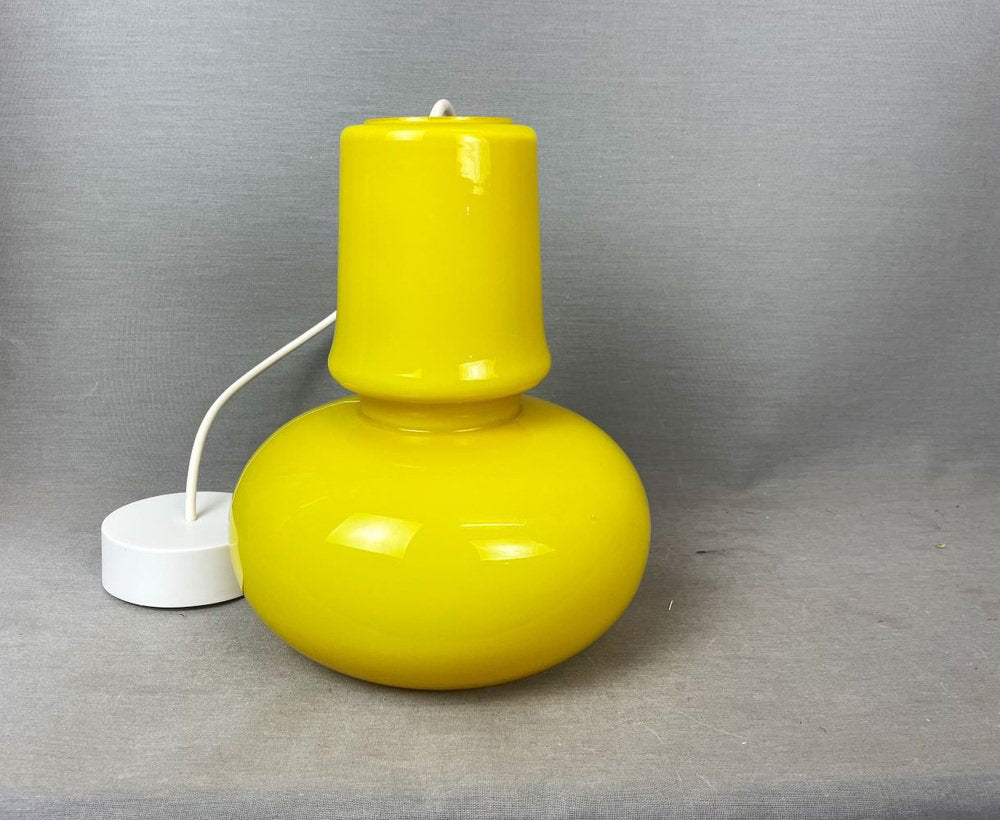 Mid-Century Modern Portuguese Canary Yellow Opaline Glass Hanging Lamp, 1970s