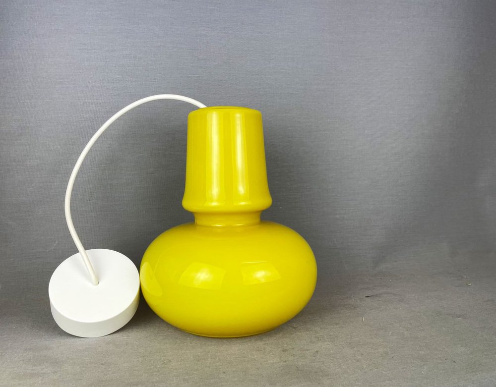 Mid-Century Modern Portuguese Canary Yellow Opaline Glass Hanging Lamp, 1970s