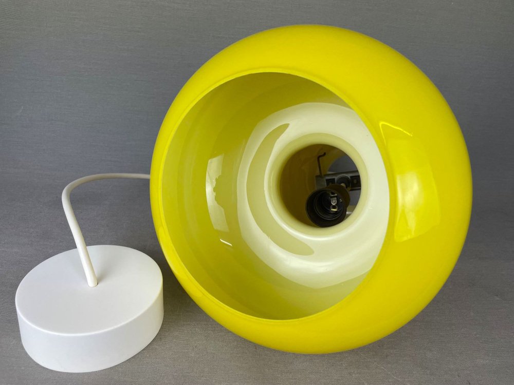 Mid-Century Modern Portuguese Canary Yellow Opaline Glass Hanging Lamp, 1970s