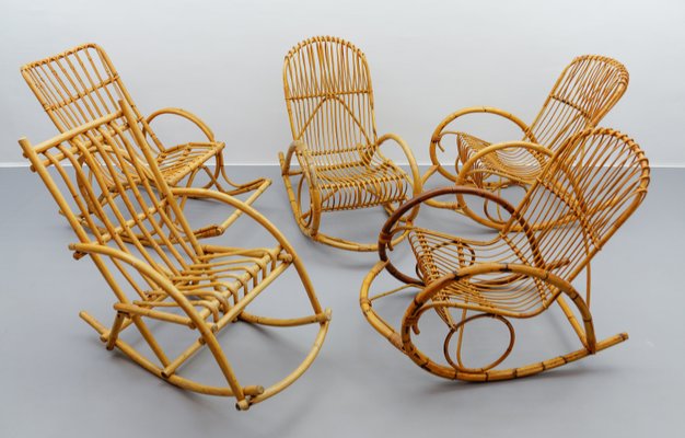 Mid-Century Modern Rattan and Bamboo Rocking Chair, 1960s-KQB-2027976