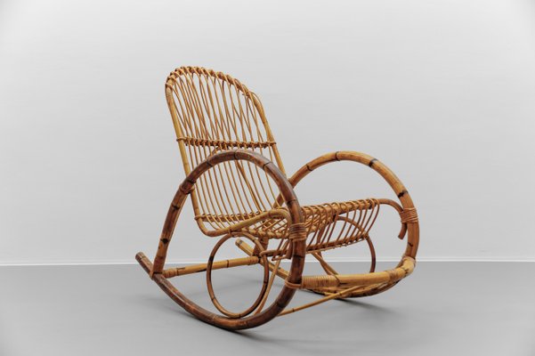 Mid-Century Modern Rattan and Bamboo Rocking Chair, 1960s-KQB-2027976