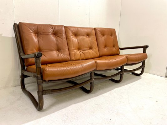 Mid-Century Modern Rattan and Cognac Leather Sofa, Italy, 1970s-FGA-1433252