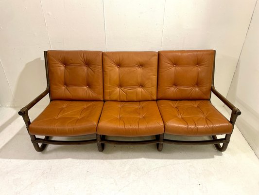 Mid-Century Modern Rattan and Cognac Leather Sofa, Italy, 1970s-FGA-1433252