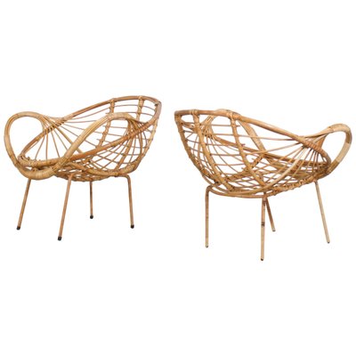 Mid-Century Modern Rattan and Metal Armchairs, 1960s, Set of 2-QT-1263477