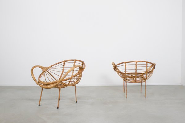 Mid-Century Modern Rattan and Metal Armchairs, 1960s, Set of 2-QT-1263477