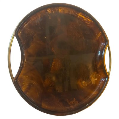 Mid-Century Modern Round Brass and Faux Tortoise Acrylic Glass Tray from Guzzini, 1970s-NMK-1786301