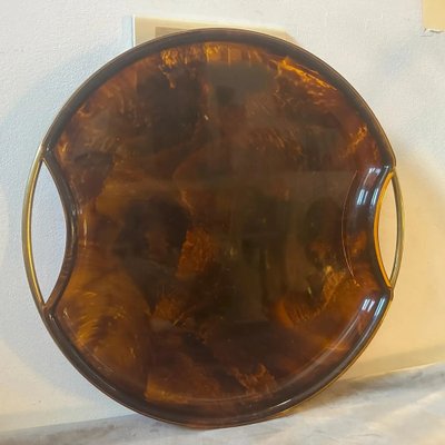 Mid-Century Modern Round Brass and Faux Tortoise Acrylic Glass Tray from Guzzini, 1970s-NMK-1786301