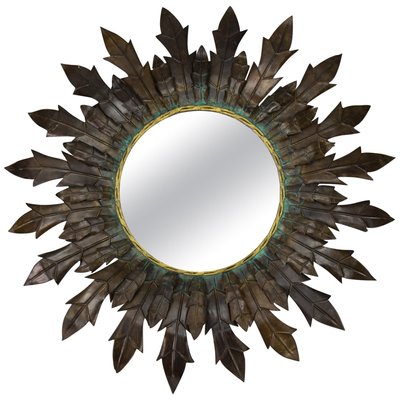 Mid-Century Modern Round Copper Sheet and Brass Sunburst Wall Mirror, 1950s-KEG-1762625