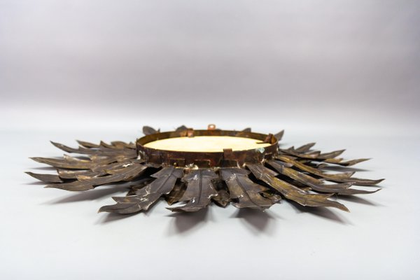 Mid-Century Modern Round Copper Sheet and Brass Sunburst Wall Mirror, 1950s-KEG-1762625