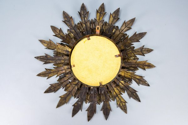 Mid-Century Modern Round Copper Sheet and Brass Sunburst Wall Mirror, 1950s-KEG-1762625