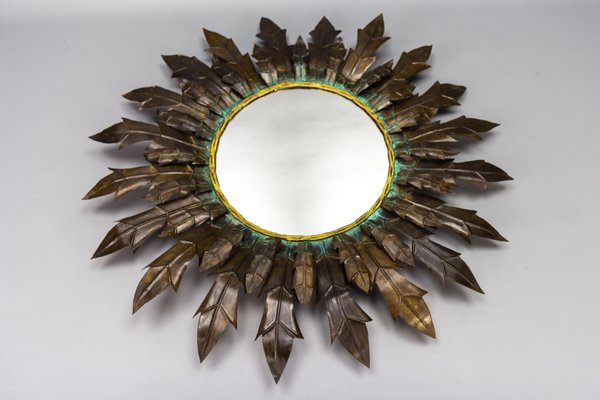 Mid-Century Modern Round Copper Sheet and Brass Sunburst Wall Mirror, 1950s-KEG-1762625