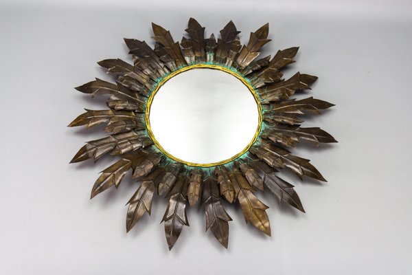 Mid-Century Modern Round Copper Sheet and Brass Sunburst Wall Mirror, 1950s-KEG-1762625