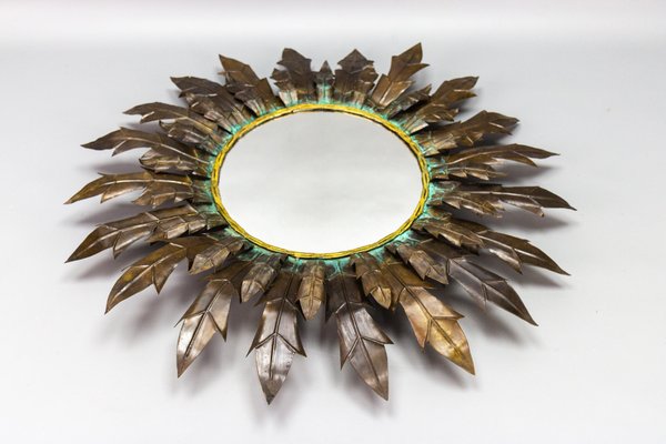 Mid-Century Modern Round Copper Sheet and Brass Sunburst Wall Mirror, 1950s-KEG-1762625