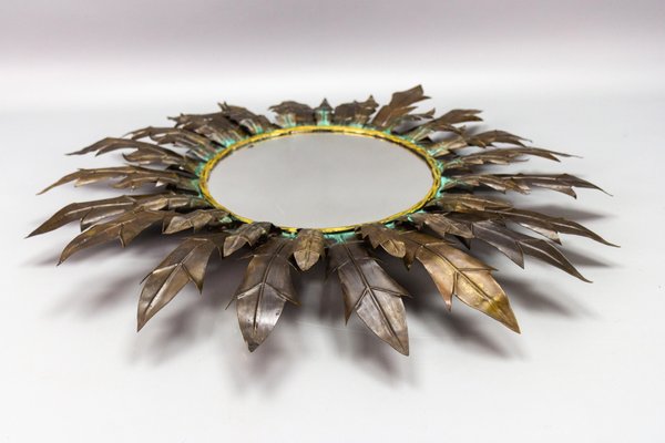 Mid-Century Modern Round Copper Sheet and Brass Sunburst Wall Mirror, 1950s-KEG-1762625