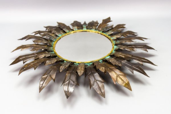 Mid-Century Modern Round Copper Sheet and Brass Sunburst Wall Mirror, 1950s-KEG-1762625