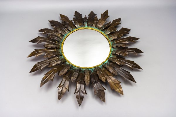 Mid-Century Modern Round Copper Sheet and Brass Sunburst Wall Mirror, 1950s-KEG-1762625