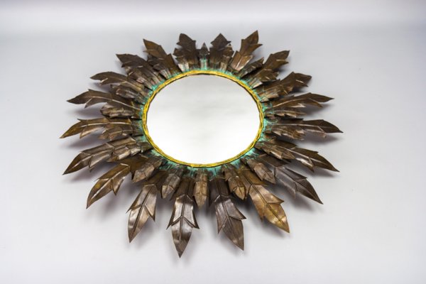 Mid-Century Modern Round Copper Sheet and Brass Sunburst Wall Mirror, 1950s-KEG-1762625