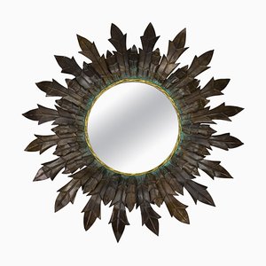 Mid-Century Modern Round Copper Sheet and Brass Sunburst Wall Mirror, 1950s-KEG-1762625