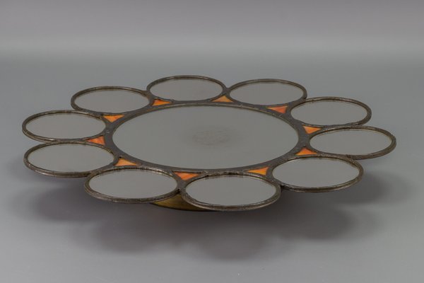 Mid-Century Modern Round Sun-Shaped Backlit Metal and Orange Glass Wall Mirror, 1960s-KEG-1605584