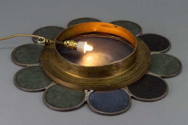 Mid-Century Modern Round Sun-Shaped Backlit Metal and Orange Glass Wall Mirror, 1960s-KEG-1605584