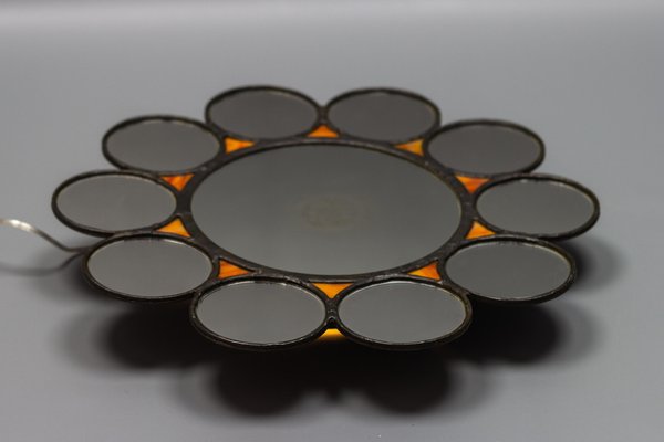 Mid-Century Modern Round Sun-Shaped Backlit Metal and Orange Glass Wall Mirror, 1960s-KEG-1605584