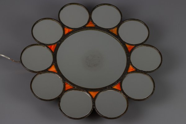 Mid-Century Modern Round Sun-Shaped Backlit Metal and Orange Glass Wall Mirror, 1960s-KEG-1605584