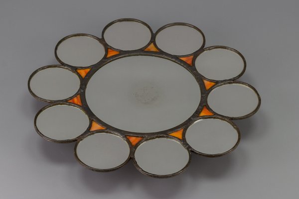 Mid-Century Modern Round Sun-Shaped Backlit Metal and Orange Glass Wall Mirror, 1960s-KEG-1605584