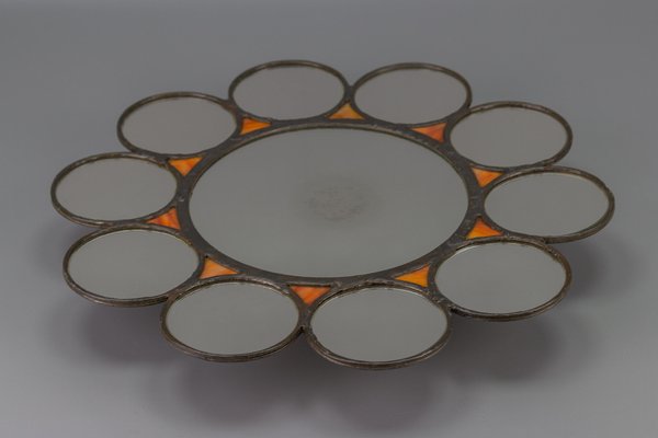 Mid-Century Modern Round Sun-Shaped Backlit Metal and Orange Glass Wall Mirror, 1960s-KEG-1605584