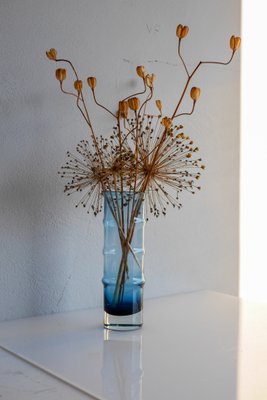 Mid-Century Modern Scandinavian Large Blue Bamboo Glass Vase by Borgström Åseda, Sweden-JIE-2042164