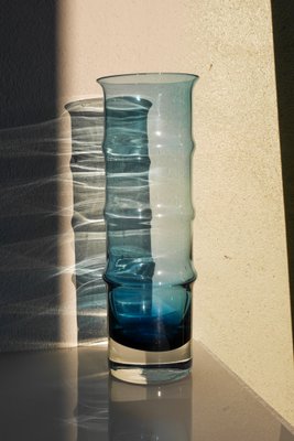 Mid-Century Modern Scandinavian Large Blue Bamboo Glass Vase by Borgström Åseda, Sweden-JIE-2042164