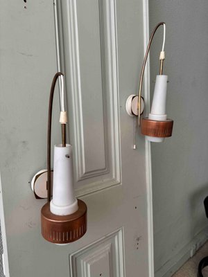 Mid-Century Modern Scandinavian Sconces in Brass and Opaline Glass, 1950s, Set of 2-SBP-2032023