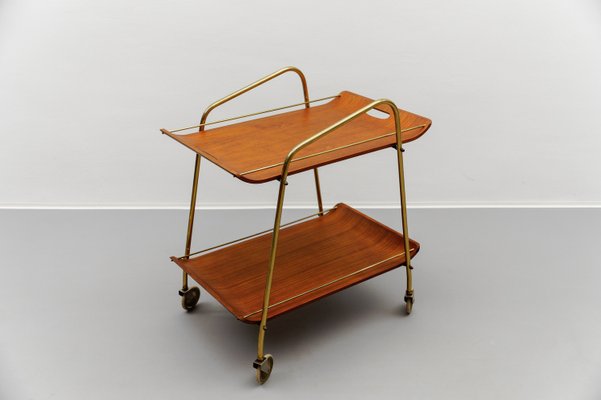 Mid-Century Modern Serving Cart in Teak and Brass with Removable Tray, 1950s-KQB-2027990