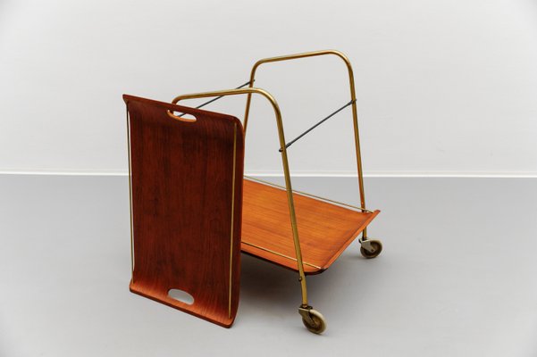 Mid-Century Modern Serving Cart in Teak and Brass with Removable Tray, 1950s-KQB-2027990