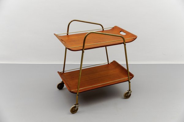 Mid-Century Modern Serving Cart in Teak and Brass with Removable Tray, 1950s-KQB-2027990