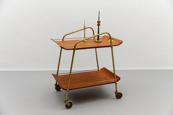 Mid-Century Modern Serving Cart in Teak and Brass with Removable Tray, 1950s-KQB-2027990