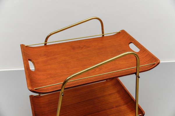 Mid-Century Modern Serving Cart in Teak and Brass with Removable Tray, 1950s-KQB-2027990