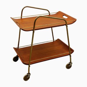 Mid-Century Modern Serving Cart in Teak and Brass with Removable Tray, 1950s-KQB-2027990