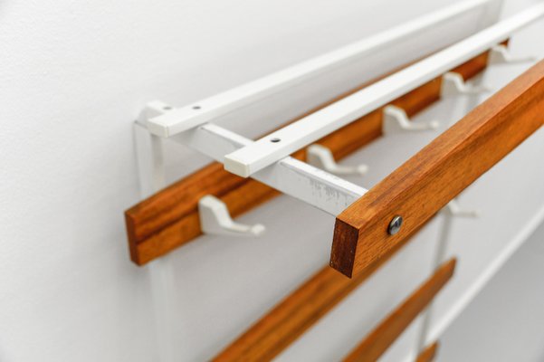 Mid-Century Modern Slats Wall Coat Rack with White Hooks, 1960s-KQB-2028008