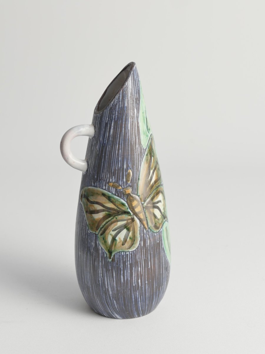 Mid-Century Modern Stoneware Vase with Sgraffito and Butterflies, Sweden, 1950s