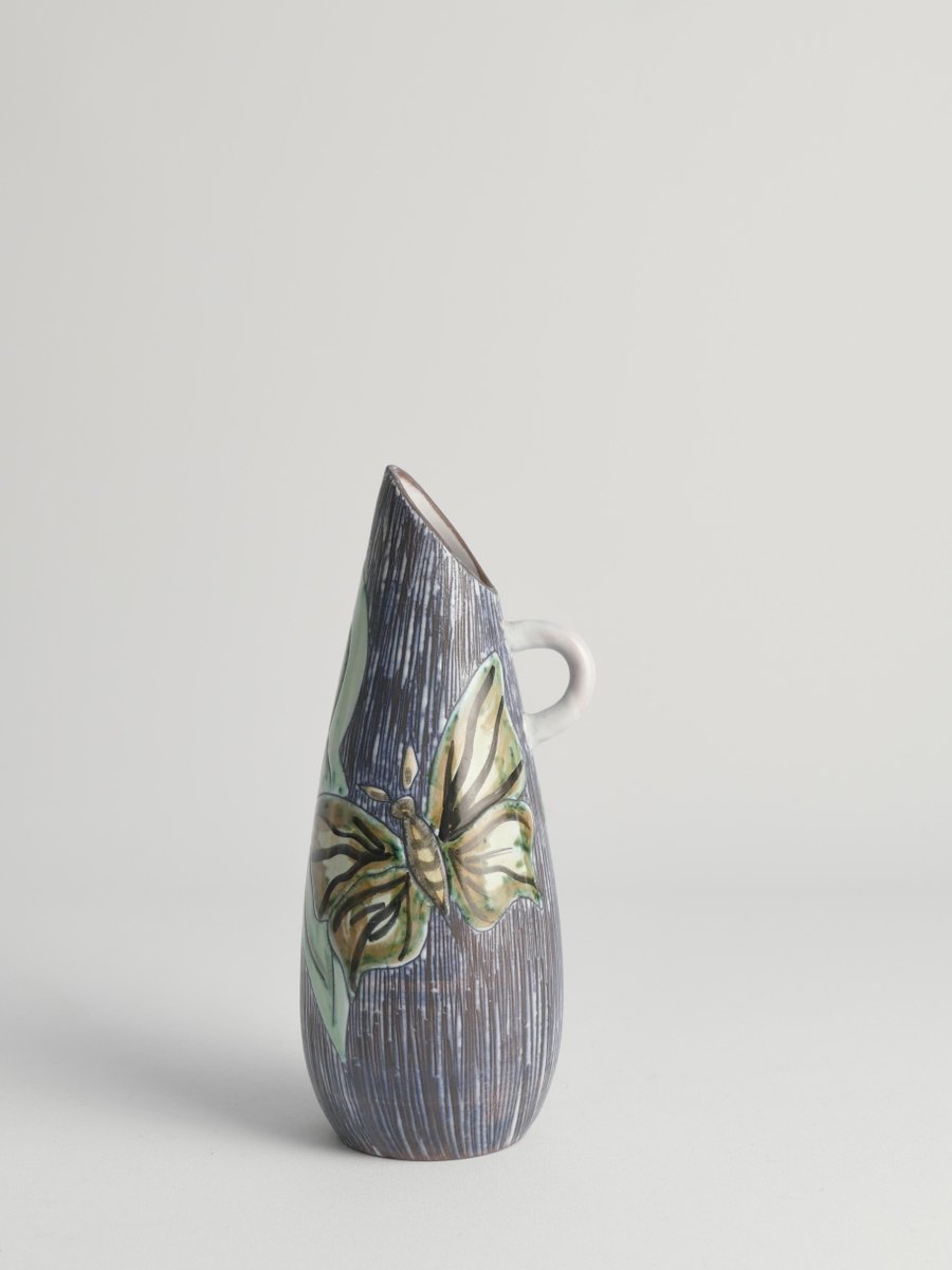 Mid-Century Modern Stoneware Vase with Sgraffito and Butterflies, Sweden, 1950s