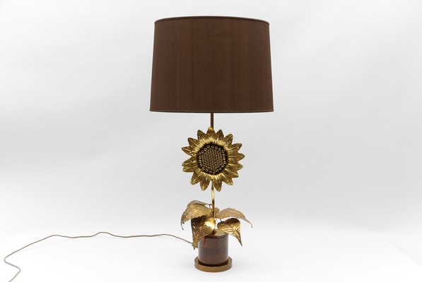 Mid-Century Modern Sunflower Table Lamp in Brass and Wood, 1970s-KQB-1737310