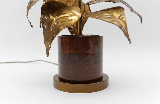 Mid-Century Modern Sunflower Table Lamp in Brass and Wood, 1970s-KQB-1737310