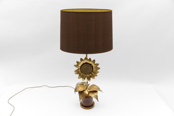 Mid-Century Modern Sunflower Table Lamp in Brass and Wood, 1970s-KQB-1737310