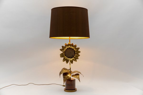 Mid-Century Modern Sunflower Table Lamp in Brass and Wood, 1970s-KQB-1737310