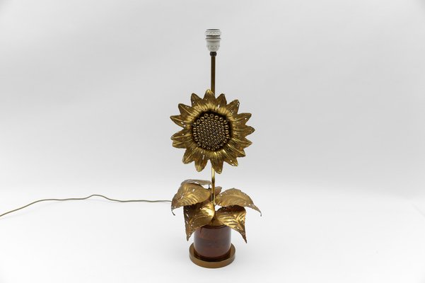 Mid-Century Modern Sunflower Table Lamp in Brass and Wood, 1970s-KQB-1737310