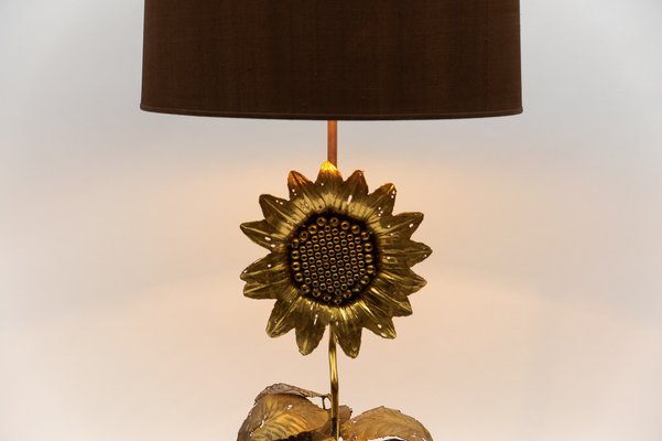 Mid-Century Modern Sunflower Table Lamp in Brass and Wood, 1970s-KQB-1737310