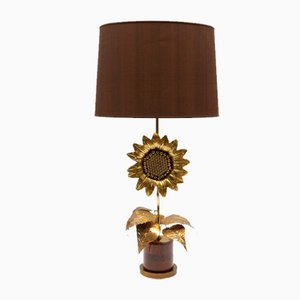 Mid-Century Modern Sunflower Table Lamp in Brass and Wood, 1970s-KQB-1737310