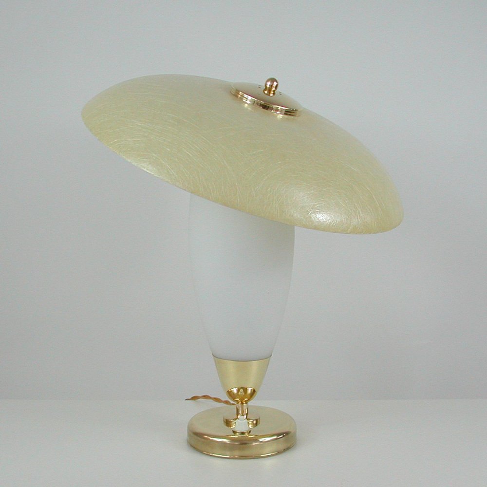 Mid-Century Modern Swedish Saucer Table Lamp in Opaline and Fiberglass, 1950s