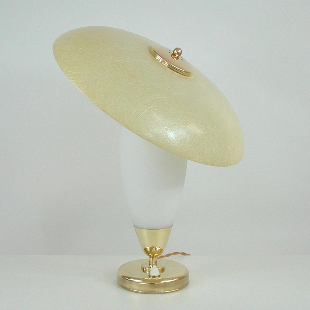 Mid-Century Modern Swedish Saucer Table Lamp in Opaline and Fiberglass, 1950s