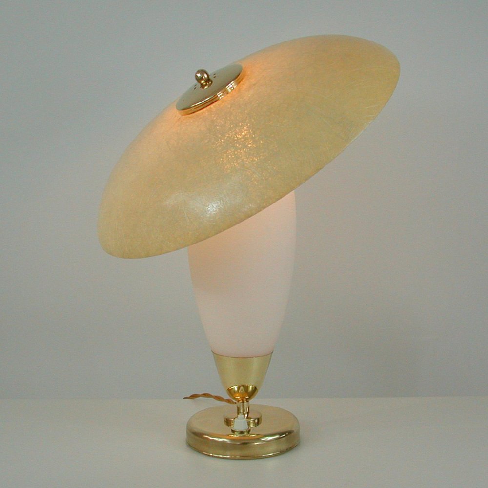 Mid-Century Modern Swedish Saucer Table Lamp in Opaline and Fiberglass, 1950s